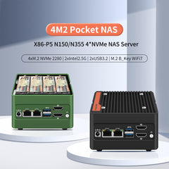 4 x NVMe Mini NAS Server, 4 Bay NAS N150/N355 Pocket PC with Dual i226-V 2.5GbE LAN,Dual HDMI 2.0,USB3.2 Gen2,Support BT5.4/WiFi6/WiFi7