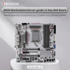 ATX W680 12-Bay NAS Motherboard, Supports Intel 12th/13th/14th Gen CPU, LGA1700 Socket,10G+2.5G RJ45 Ports,U-DIMM DDR5 ECC,PCIe 5.0,3X M.2,HD+DP+Type-C Display