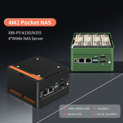 4 x NVMe Mini NAS Server, 4 Bay NAS N150/N355 Pocket PC with Dual i226-V 2.5GbE LAN,Dual HDMI 2.0,USB3.2 Gen2,Support BT5.4/WiFi6/WiFi7