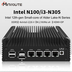 Mini Computer 12th Gen N100/i3-N305 Dual Display DDR5 4x2.5GbE Fanless Mini Desktop PC
