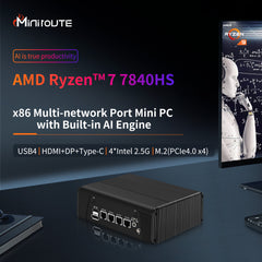 miniroute Mini PC AMD R7 7840HS Mini Desktop PC(8C/16T,Up to 5.1GHz),128GB PCIe Gen4 SSD/8GB DDR5 RAM/4xi226-V 2.5GbE/HDMI+DP+Type-C(USB4) Triple Display/8K Micro PC Host Windows 11 Pro