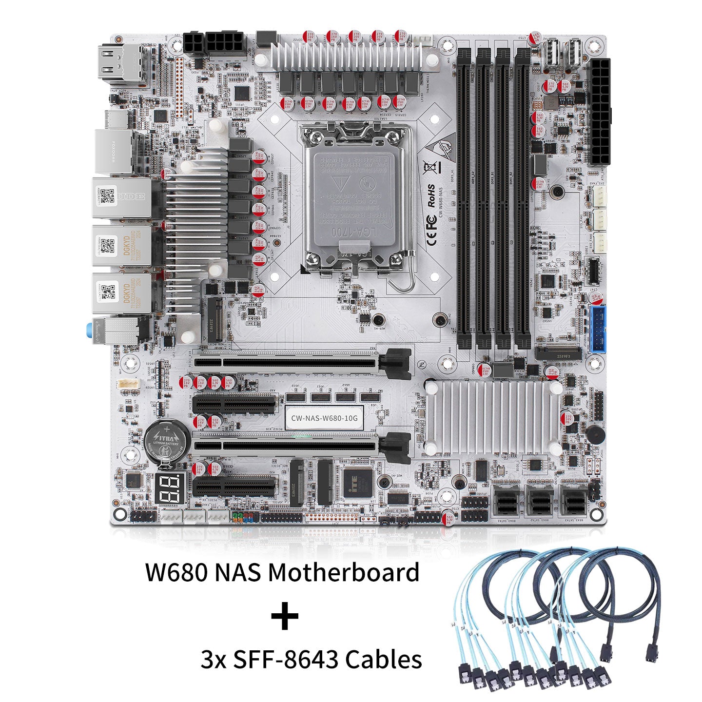 ATX W680 12-Bay NAS Motherboard, Supports Intel 12th/13th/14th Gen CPU, LGA1700 Socket,10G+2.5G RJ45 Ports,U-DIMM DDR5 ECC,PCIe 5.0,3X M.2,HD+DP+Type-C Display