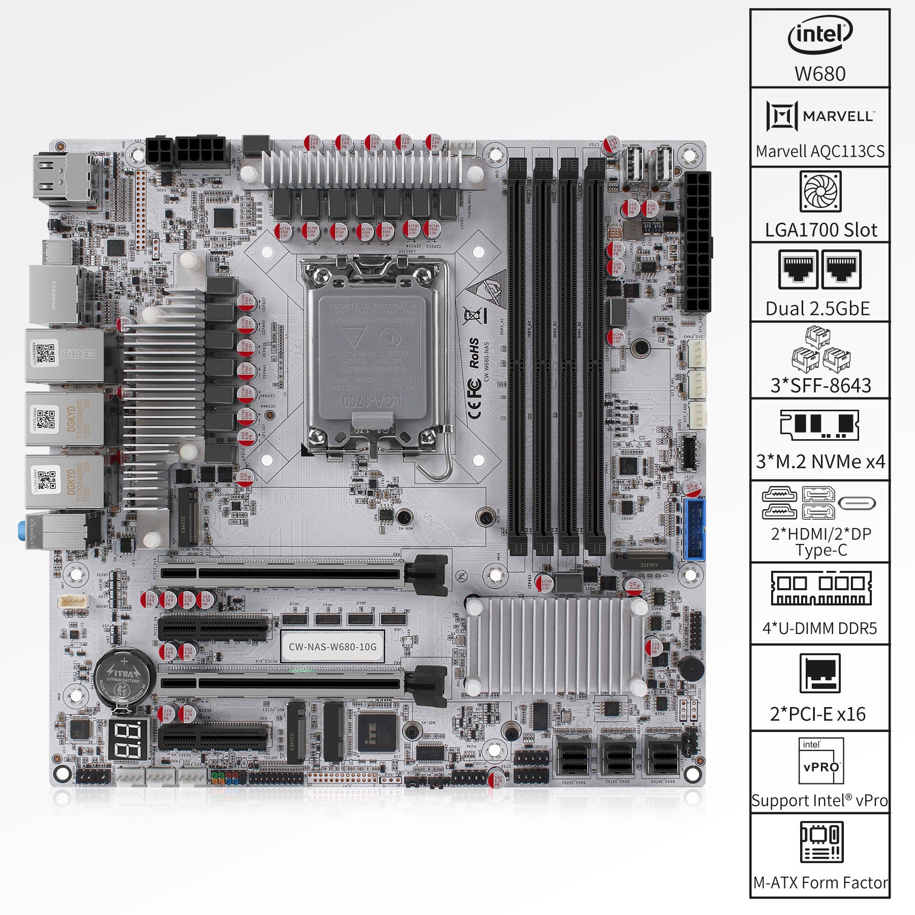 ATX W680 12-Bay NAS Motherboard, Supports Intel 12th/13th/14th Gen CPU, LGA1700 Socket,10G+2.5G RJ45 Ports,U-DIMM DDR5 ECC,PCIe 5.0,3X M.2,HD+DP+Type-C Display