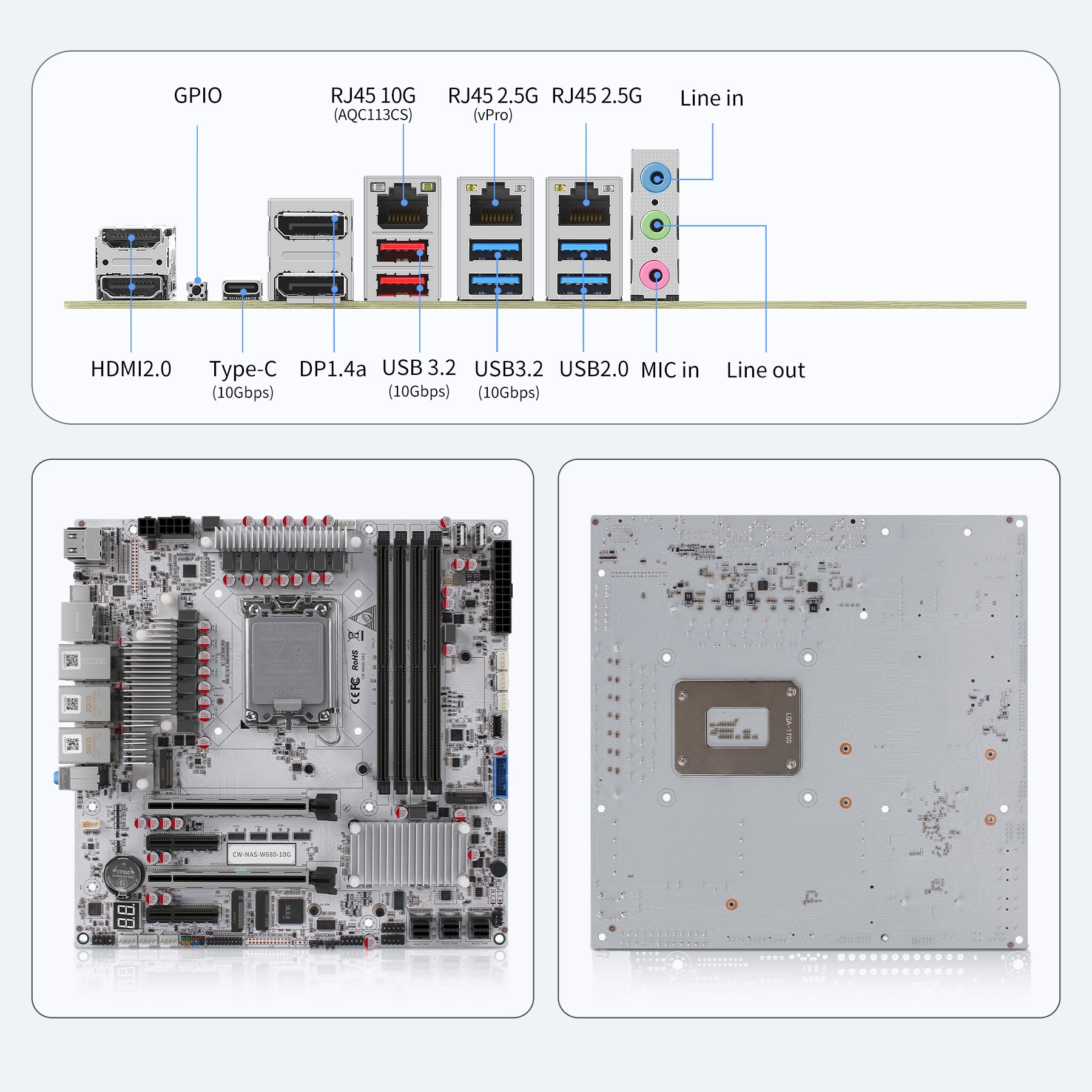 ATX W680 12-Bay NAS Motherboard, Supports Intel 12th/13th/14th Gen CPU, LGA1700 Socket,10G+2.5G RJ45 Ports,U-DIMM DDR5 ECC,PCIe 5.0,3X M.2,HD+DP+Type-C Display